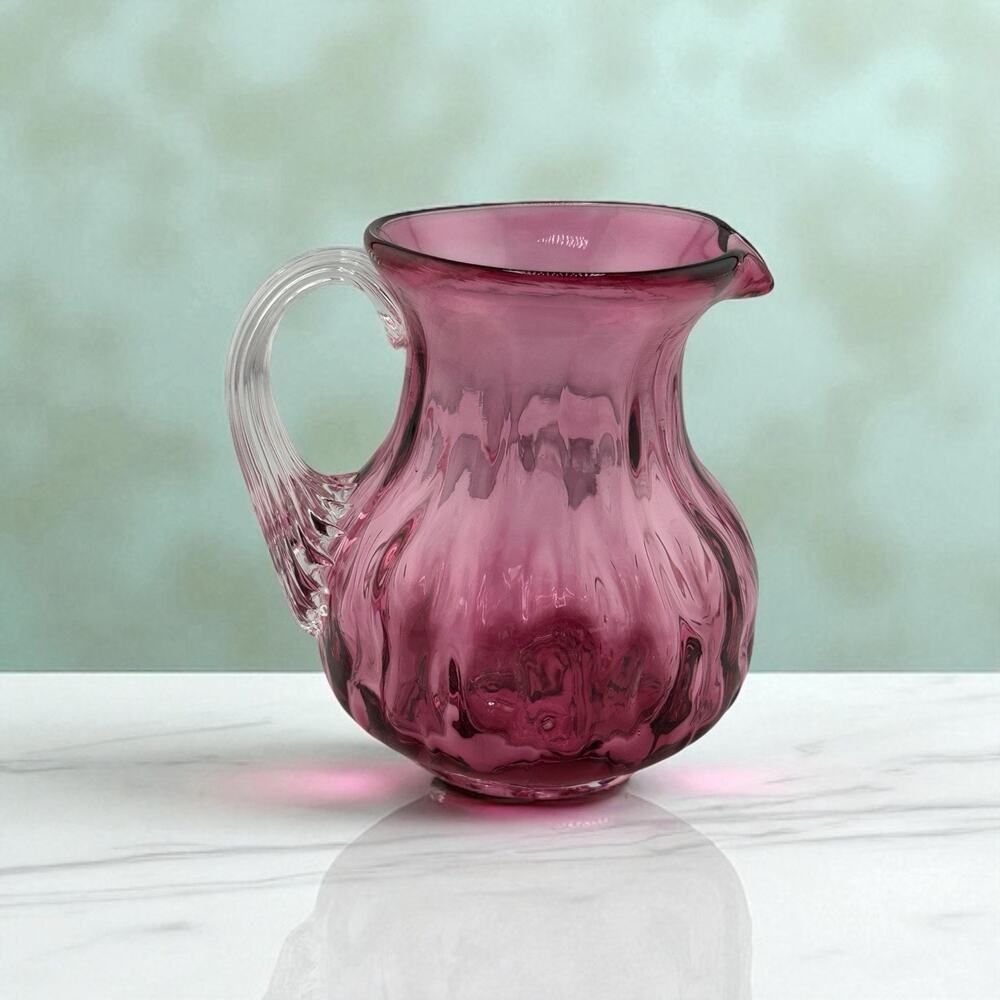 Vintage Cranberry Glass Pitcher/Creamer Clear Handle Hand Blown 3.5" Tall